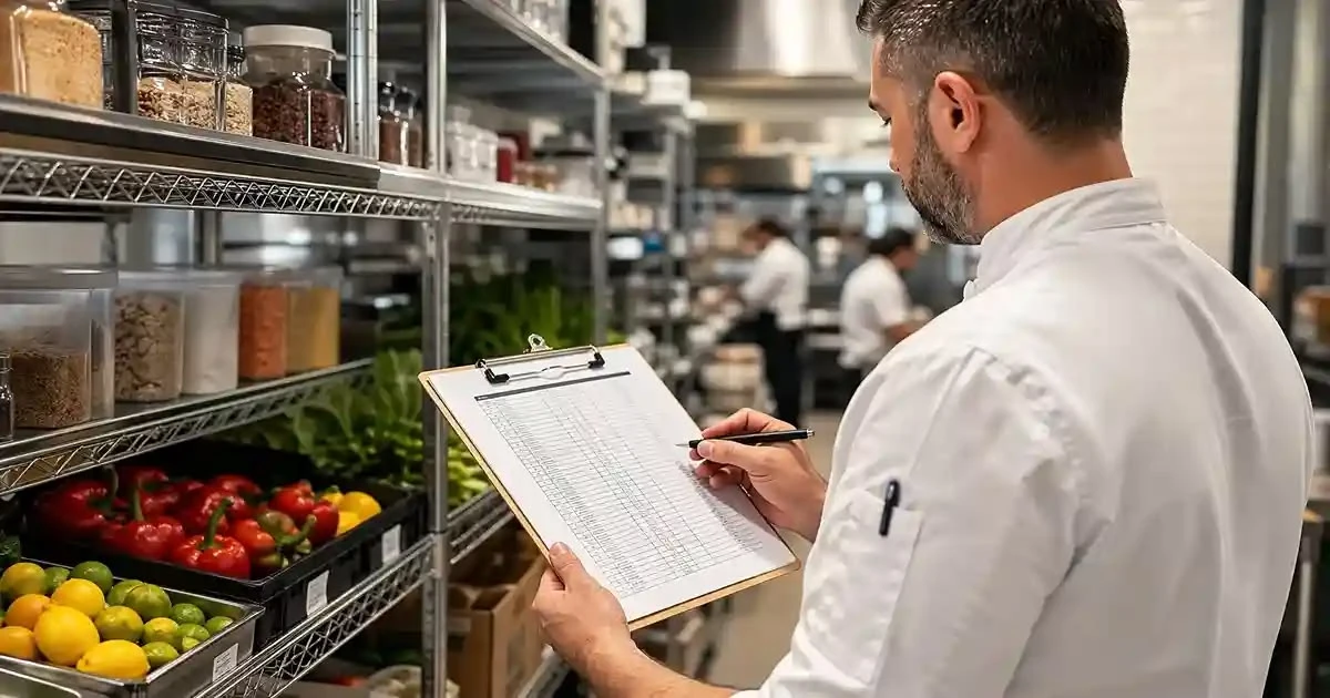 Chef reviewing an inventory checklist on a clipboard