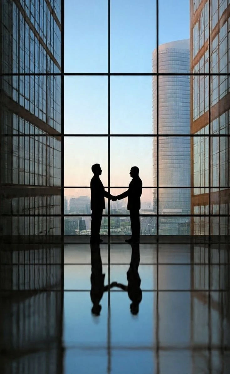 Two business professionals shaking hands in a corporate office