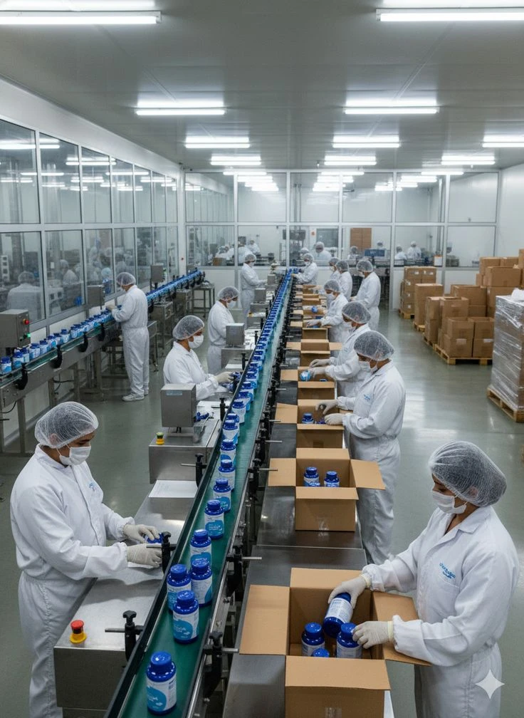 Food safety workers packing products on a sanitary production line